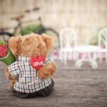 brown bear plush toy holding red rose flower