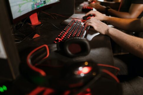 close up view of a person playing computer game